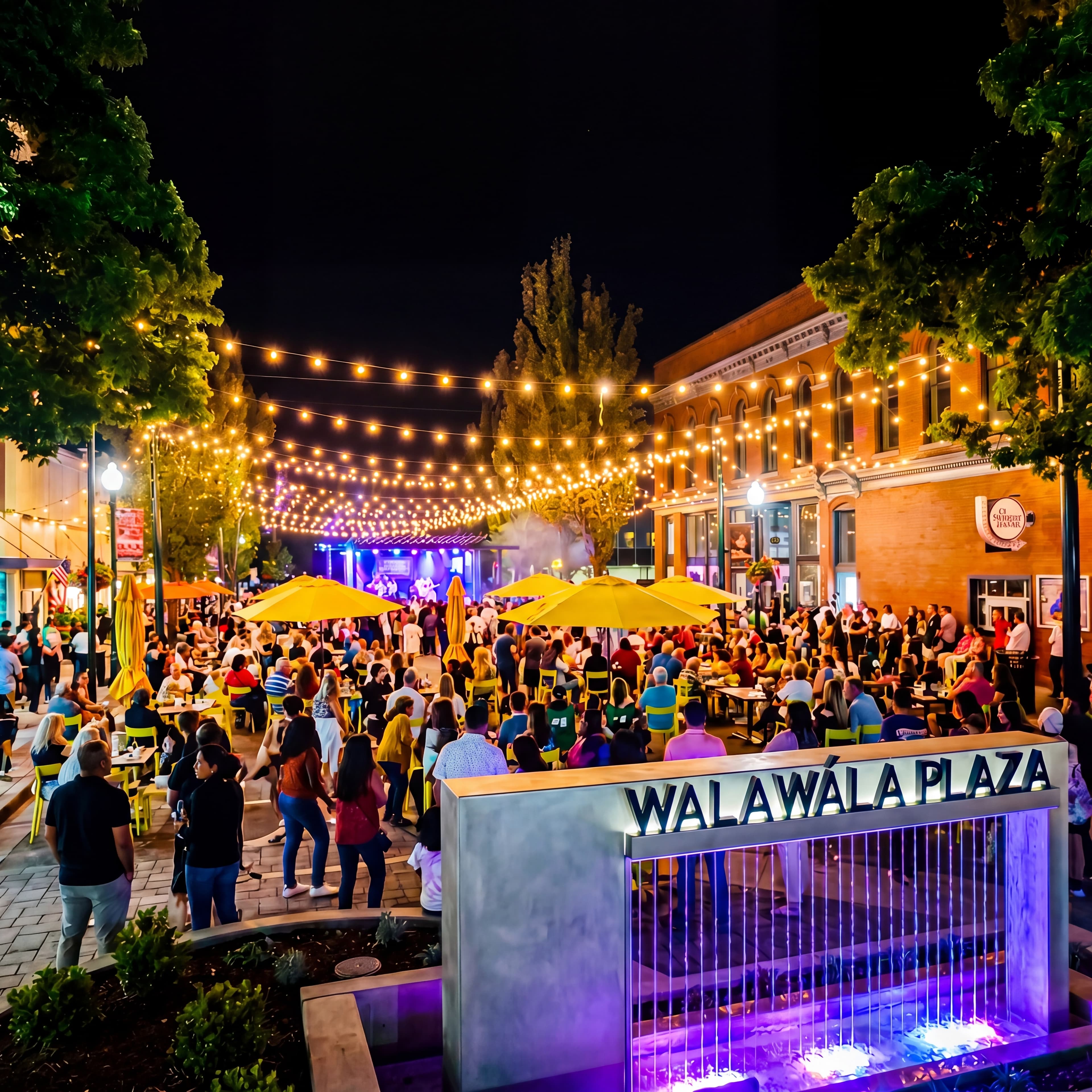 Community gathering at WalaWálA Plaza in downtown Walla Walla